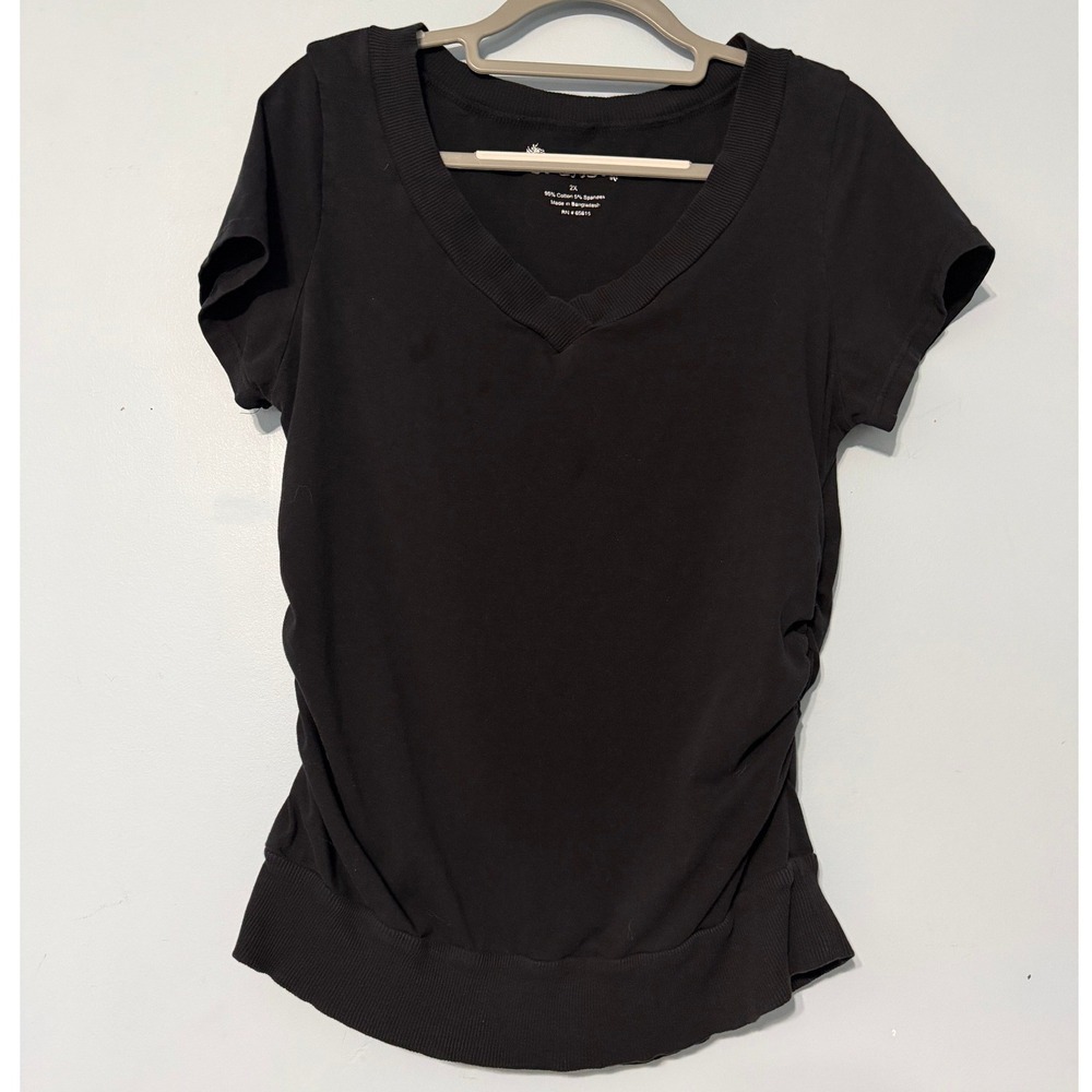 Splash Women's 2X Black V-Neck Short Sleeve Ribbed Trim Ruched Side Top 2256